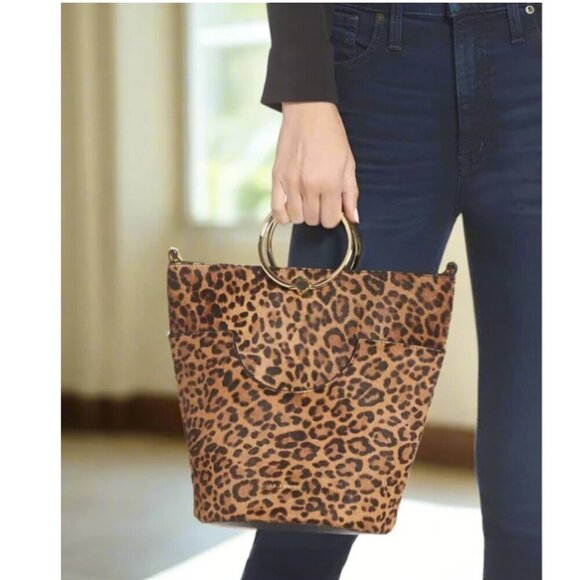 Ted Baker Bucket Bag Leopard Brown Crossbody Large Leather Top Handles Aliena - Picture 3 of 14